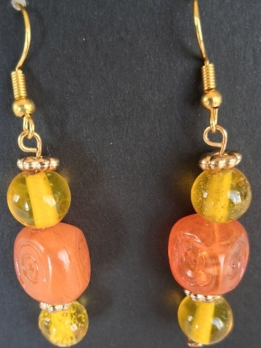 Handcrafted Orange and Yellow Glass Bead Drop Pierced Earrings